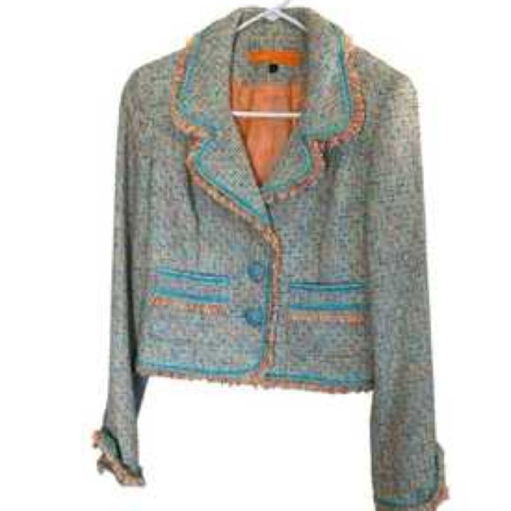 Cynthia Steffe Tweed Fringe Cropped Blazer Teal Orange Multi-Color Jacket NWT S - Picture 15 of 15